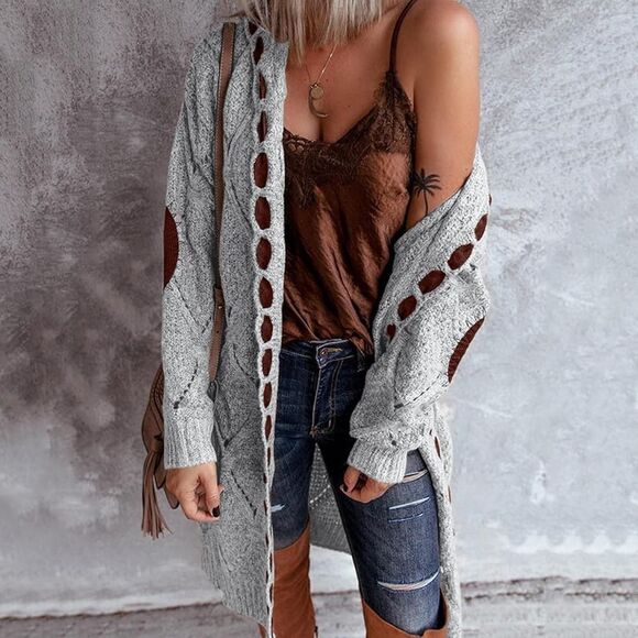 POL Gray Cable Knit Patchwork Oversized Hooded Cardigan Sweater Size Medium - Picture 1 of 9